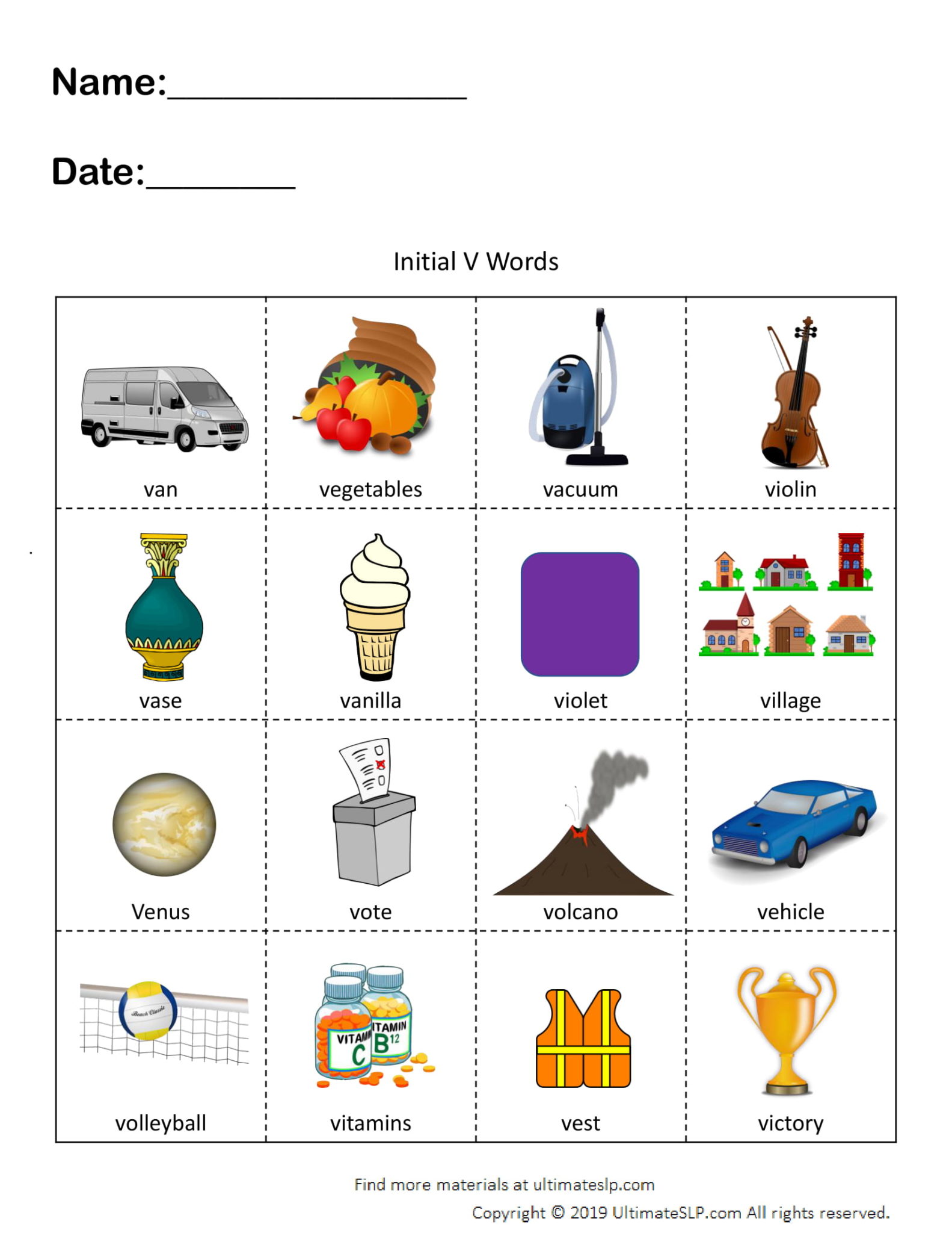 v initial words for speech therapy