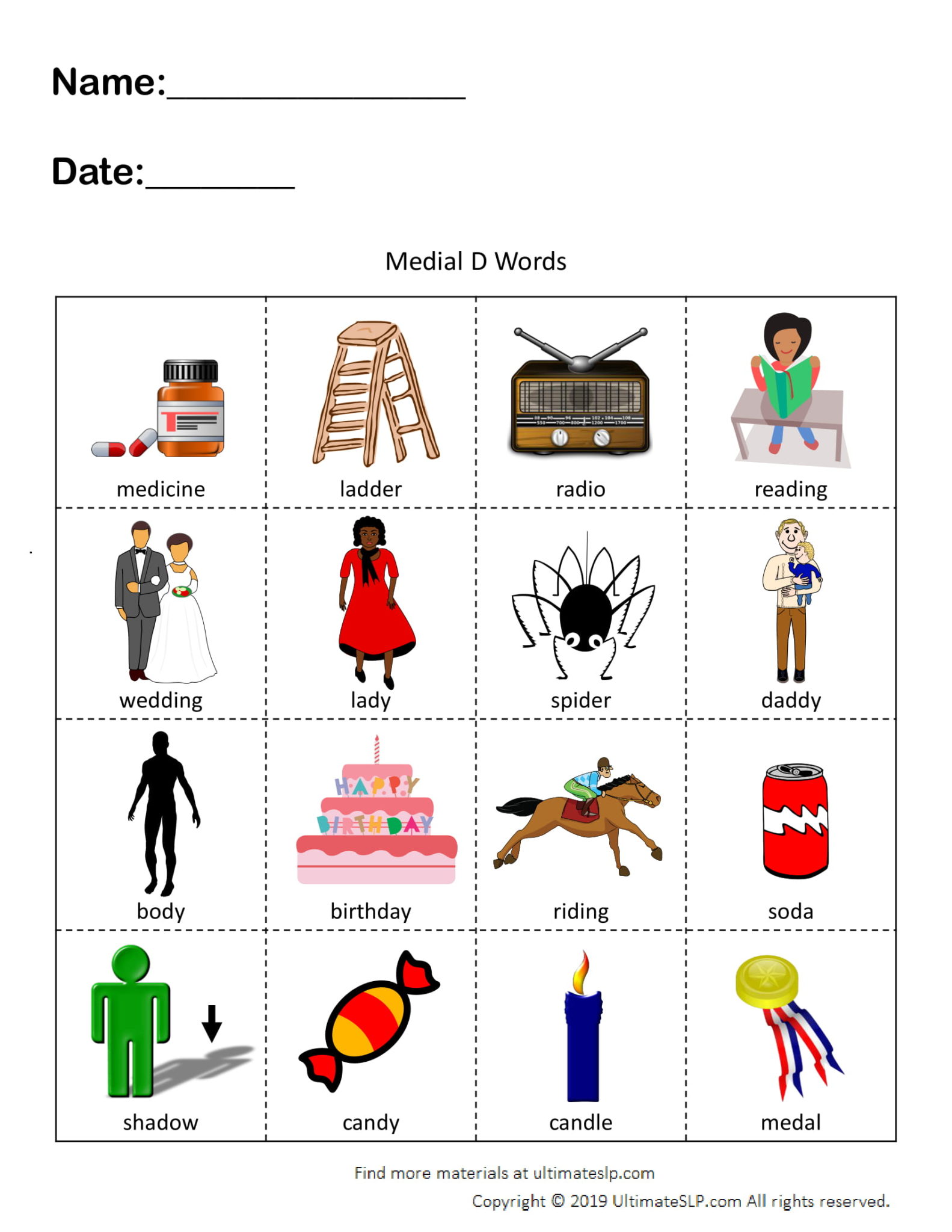 Medial D Words Worksheet Ultimate SLP