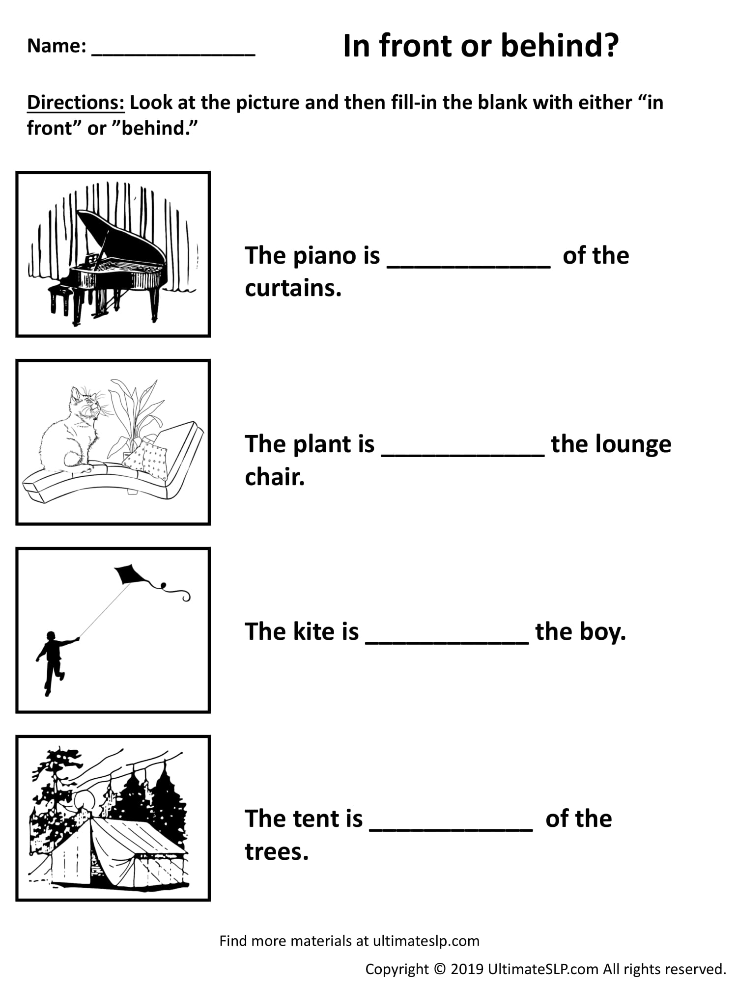 in on under between behind in front of worksheet