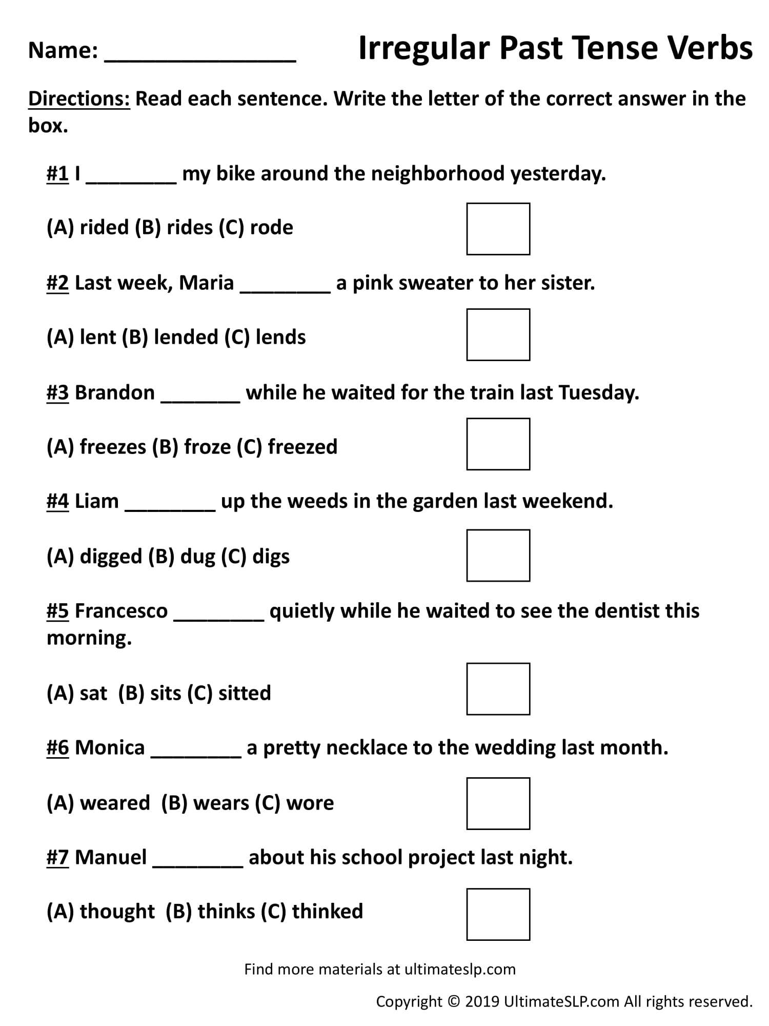 Irregualr Past Tense Verbs Worksheet