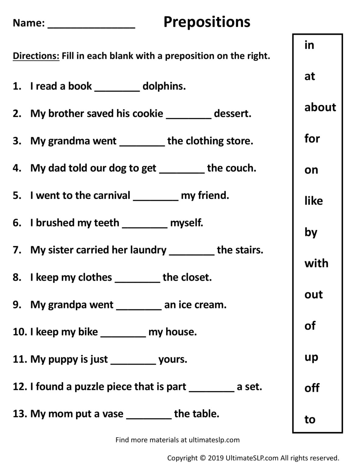 Preposition Worksheets Pdf With Answers