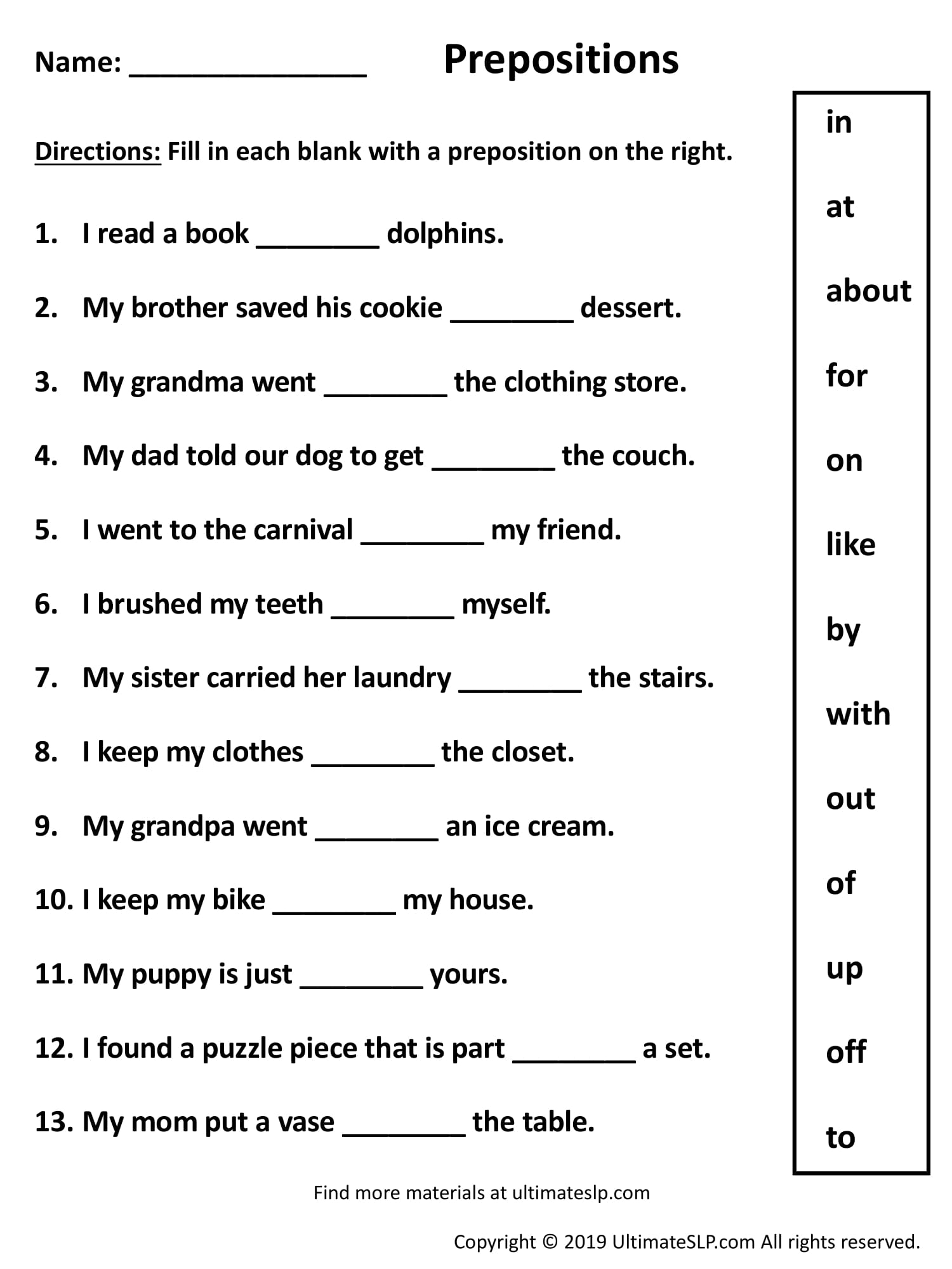 Preposition Sentence Worksheet Answers