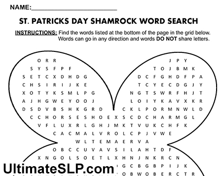 Shamrock Word Search Worksheet - Ultimate SLP