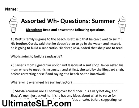 Summer WH Questions Worksheet Ultimate SLP